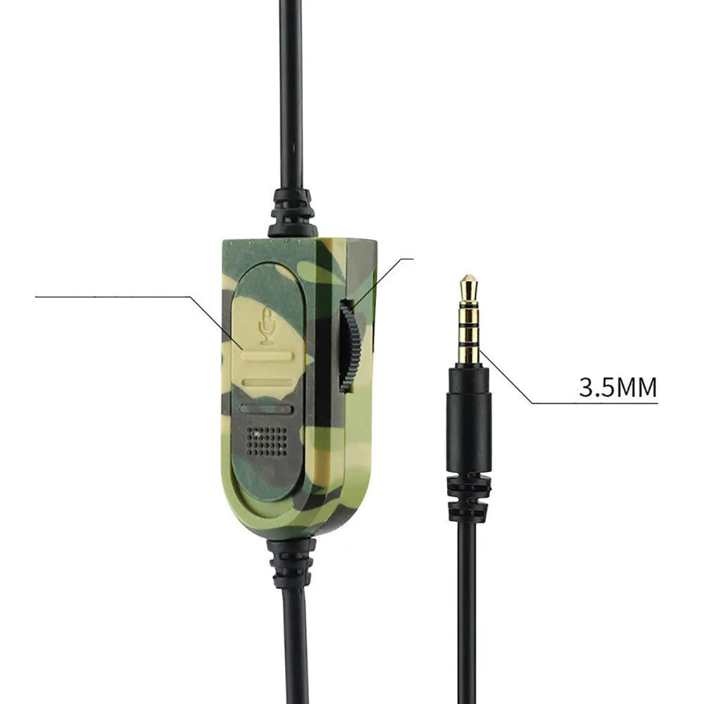 Army green camouflage wired gaming headset with over-ear cups and a built-in microphone on a black PVC cable.