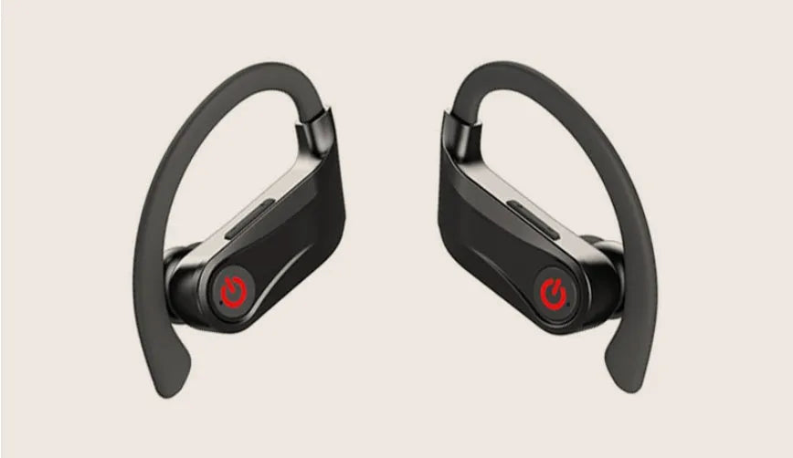 Black wireless Bluetooth earbuds headset with a 10-metre range and voice control functions.