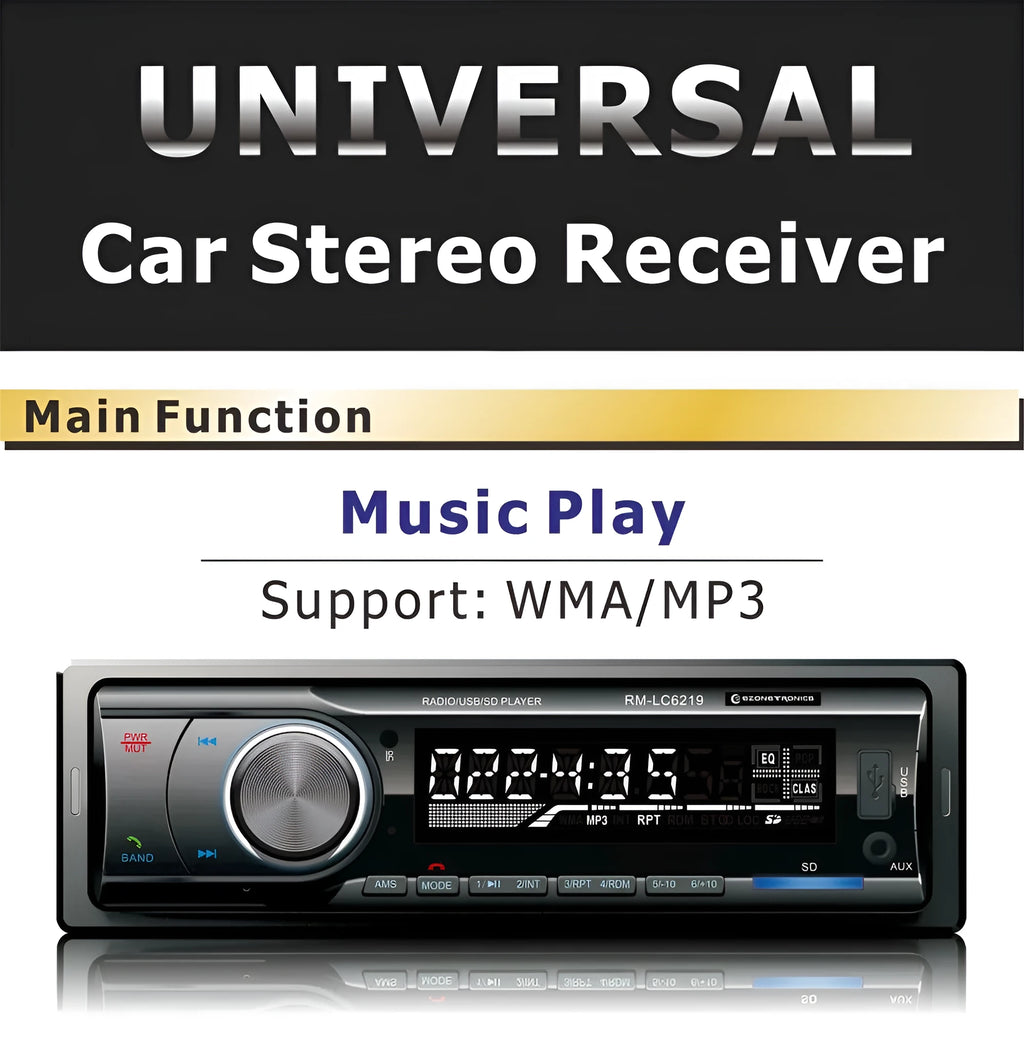 Car Bluetooth stereo receiver with front auxiliary input, USB and SD card slots on display