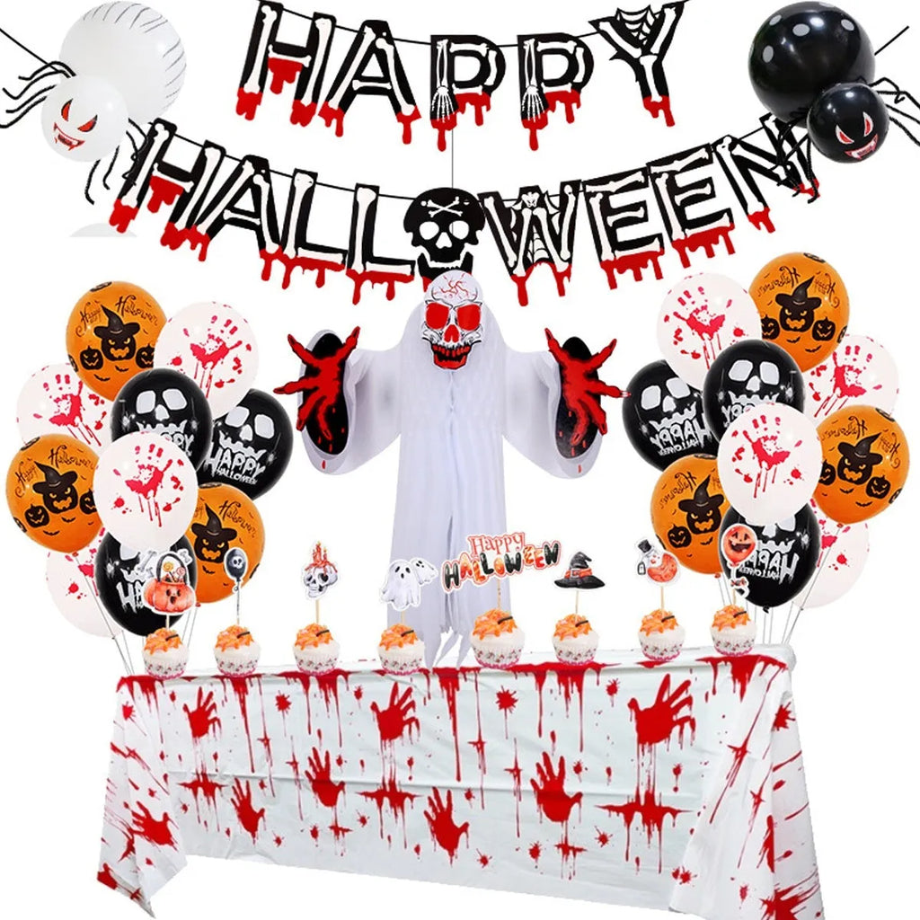 Halloween balloon decoration set with skull and pumpkin designs in white and black for creating spider balloon arches