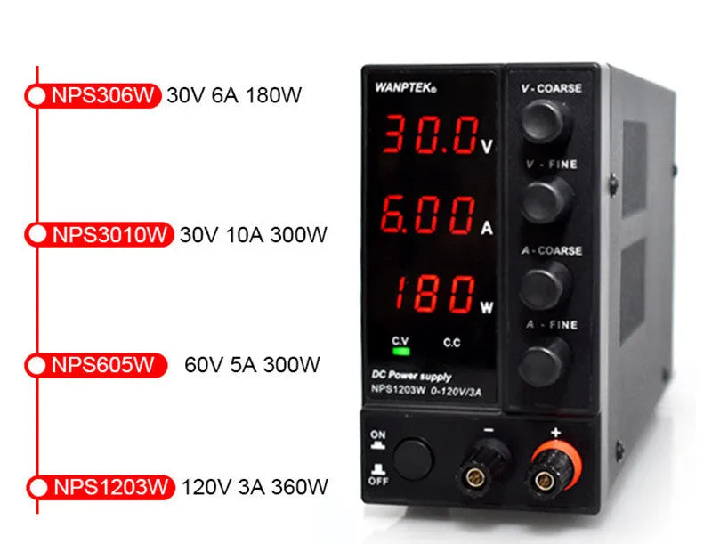 White adjustable DC power supply showing 0-60V 0-5A output controls for mobile phone and notebook repair