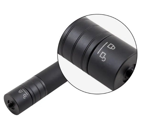 Black retractable selfie stick extended to full length with a smartphone attached, showcasing its hand-held stabiliser grip.