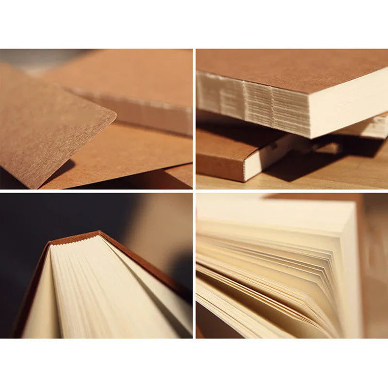 Brown kraft paper sketchbook open on a table, showing its wireless binding and 16K page size.