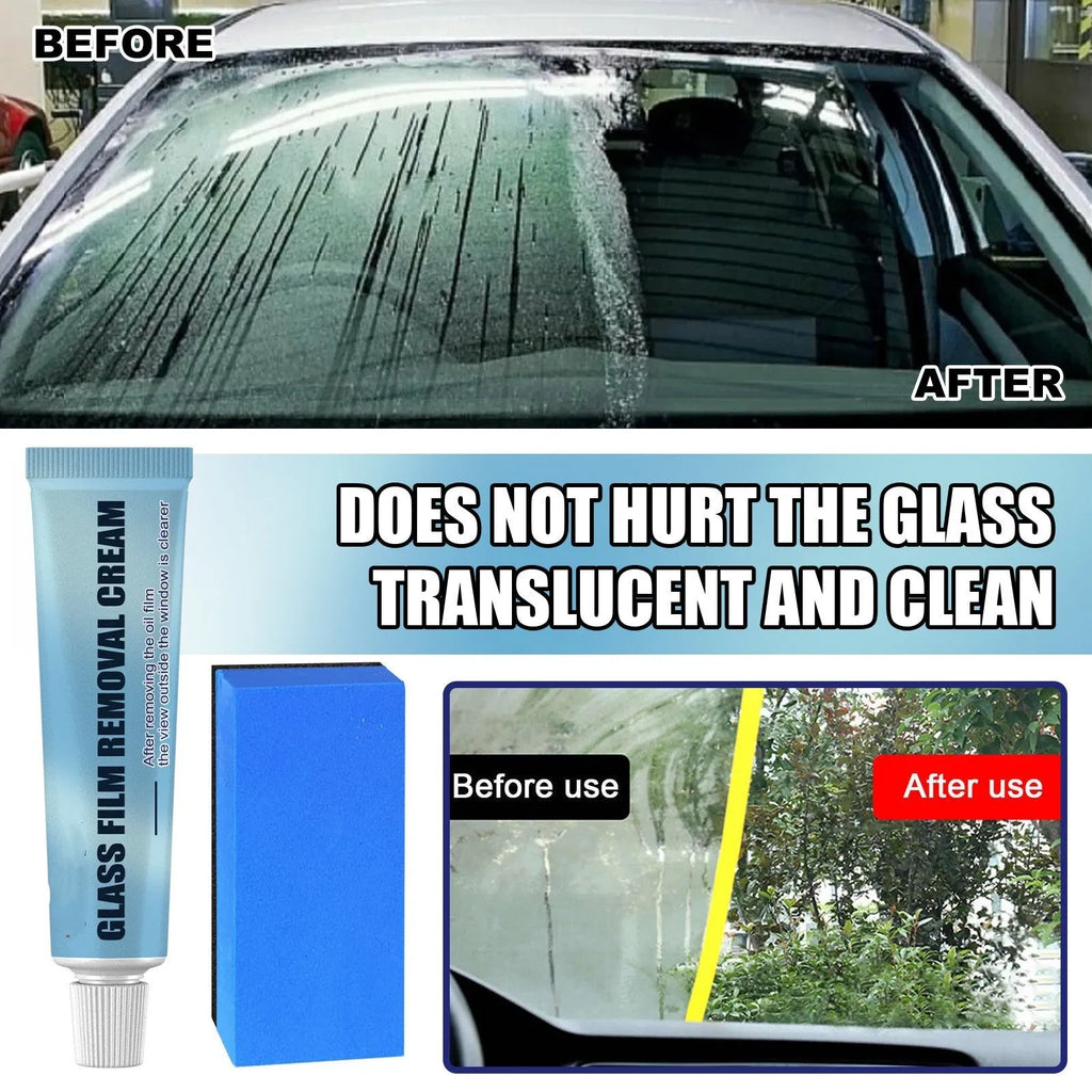 Blue car glass oil film remover tool and soft sponge brush for cleaning windshields and windows.