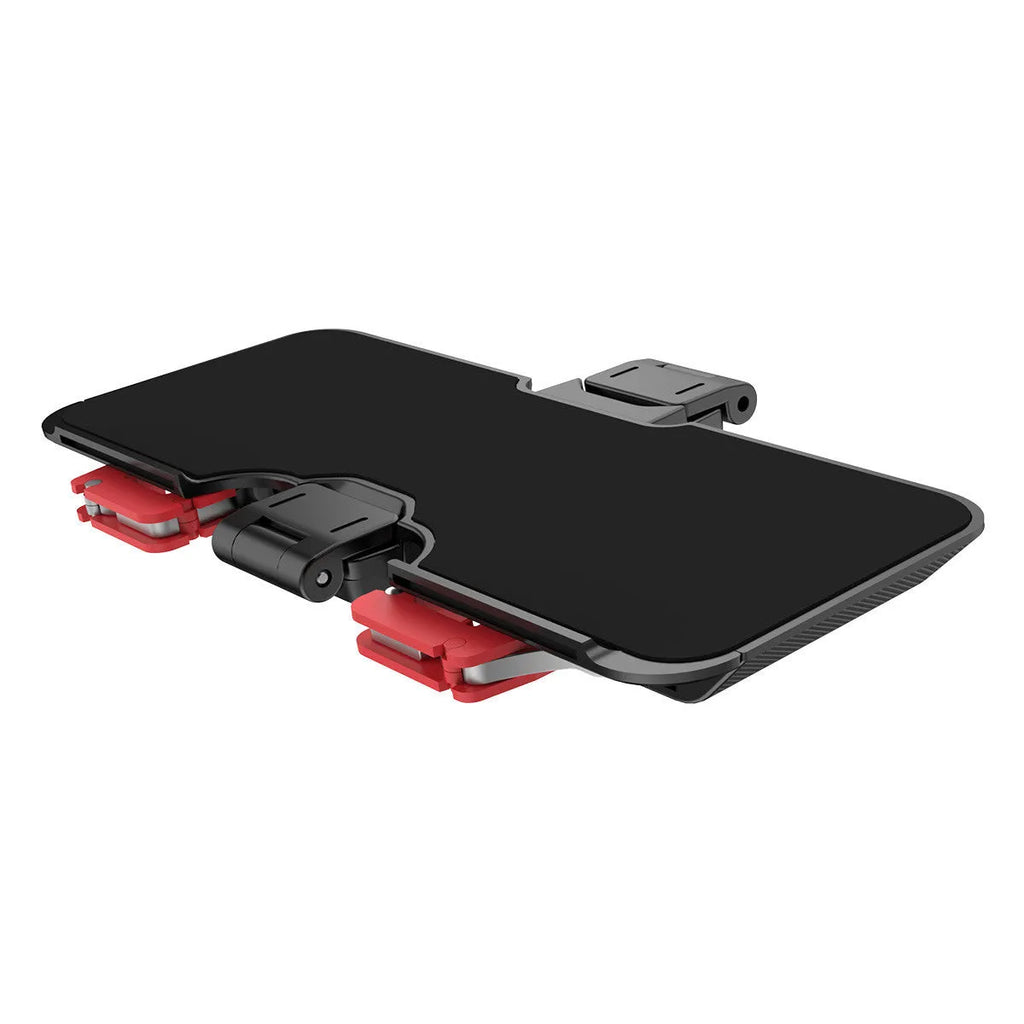 Black mobile gaming trigger stand with adjustable telescopic phone clip and sliding trigger button.