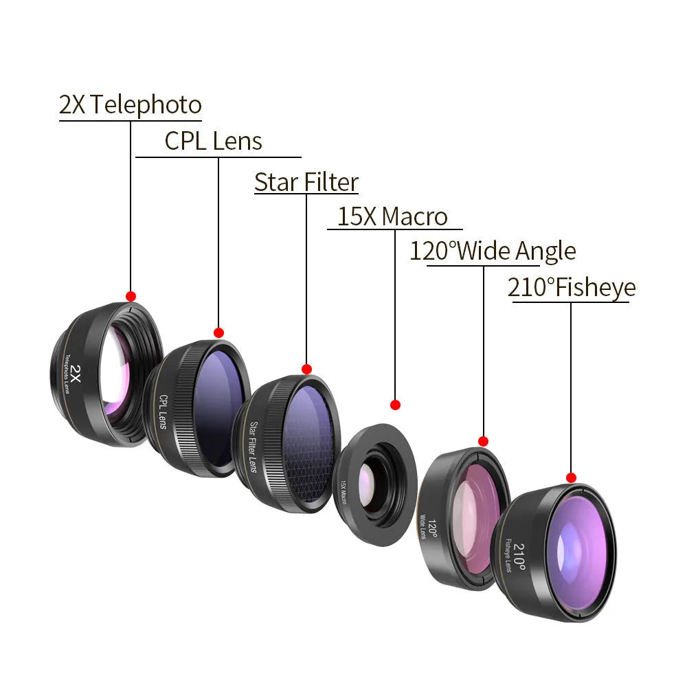 Black aluminium 6-in-1 smartphone camera lens kit with fisheye, macro, telephoto and filter lenses on a universal clip.
