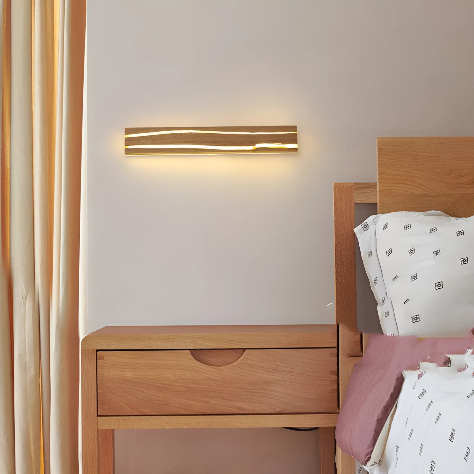 Solid wood rubberwood LED wall light in log colour with acrylic diffuser