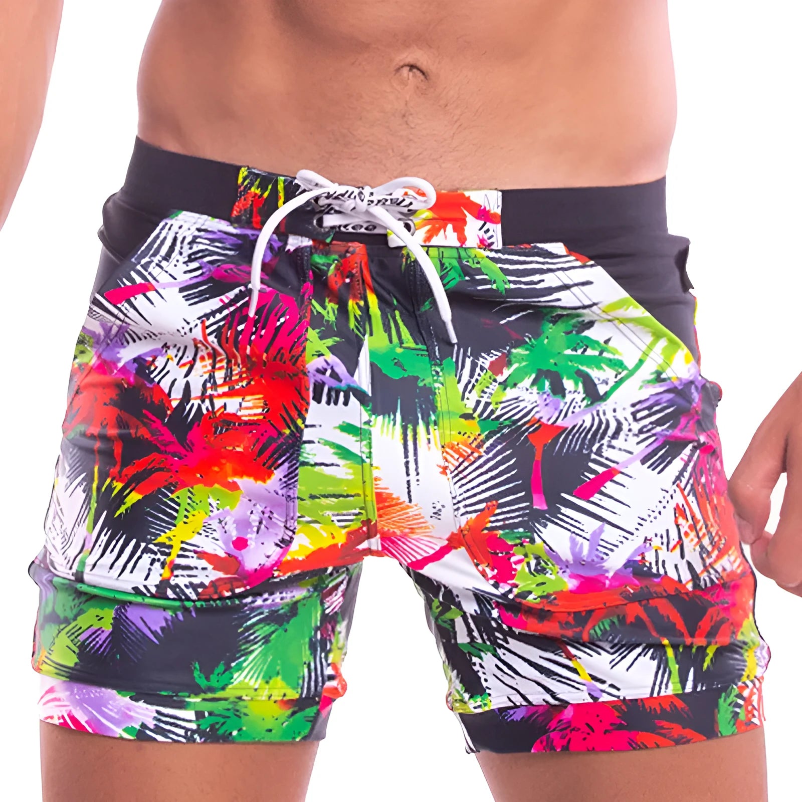 Men's spandex polyester swim shorts with elastic waist and drawstring on a beach background
