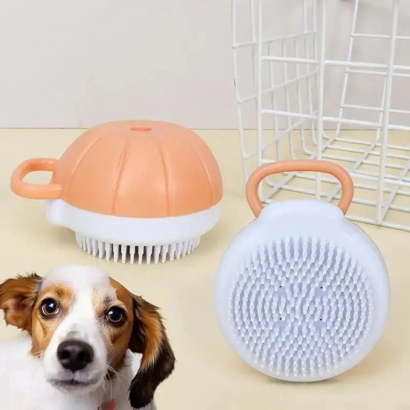 Orange TPR pet bath brush with shampoo dispenser and silicone bristles for dog and cat grooming