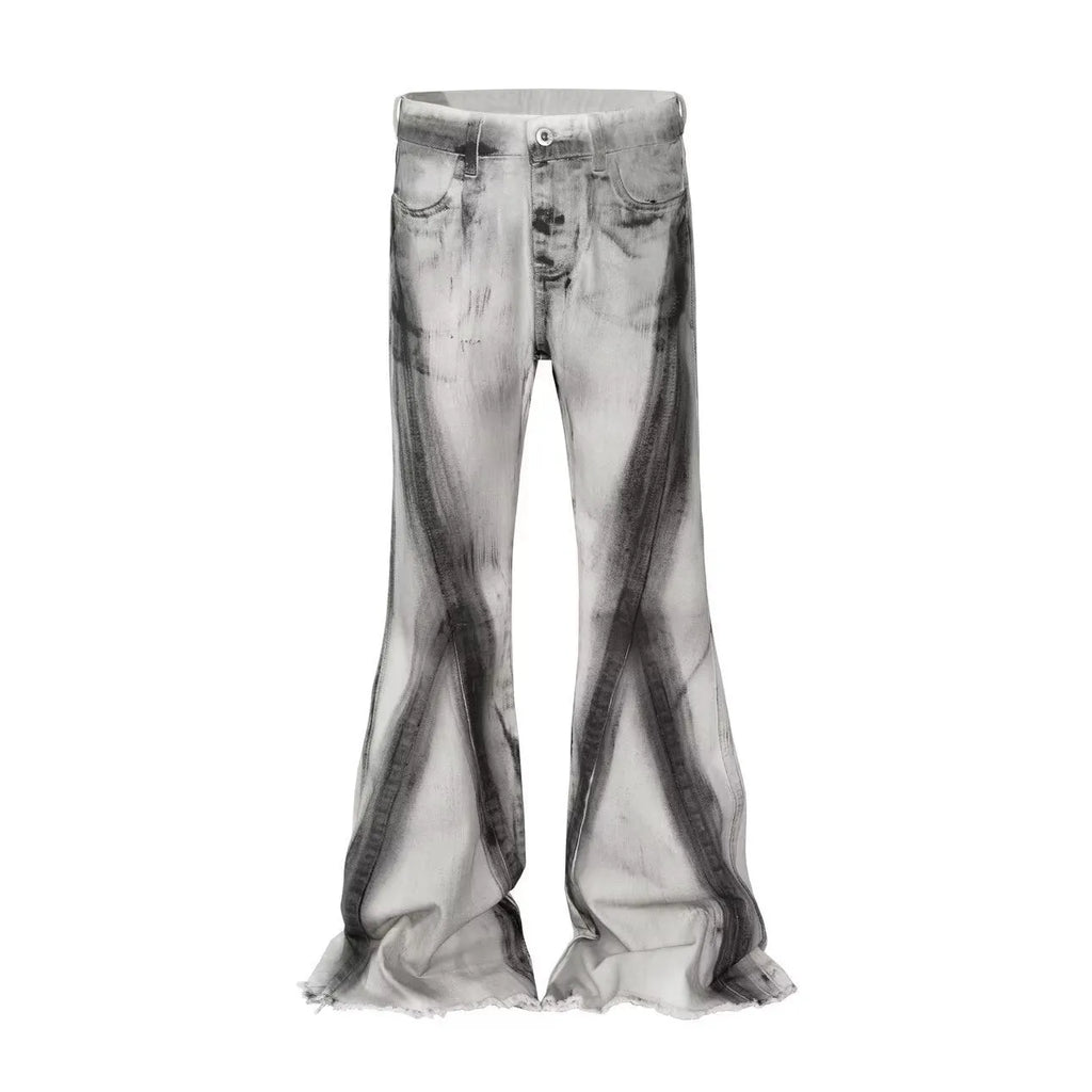 White jeans with black ribbon gradient detailing and heavy selvedge denim construction