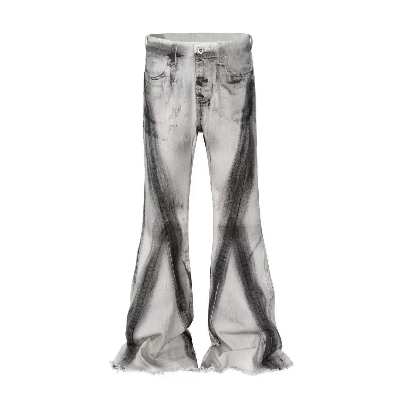 White jeans with black ribbon gradient detailing and heavy selvedge denim construction
