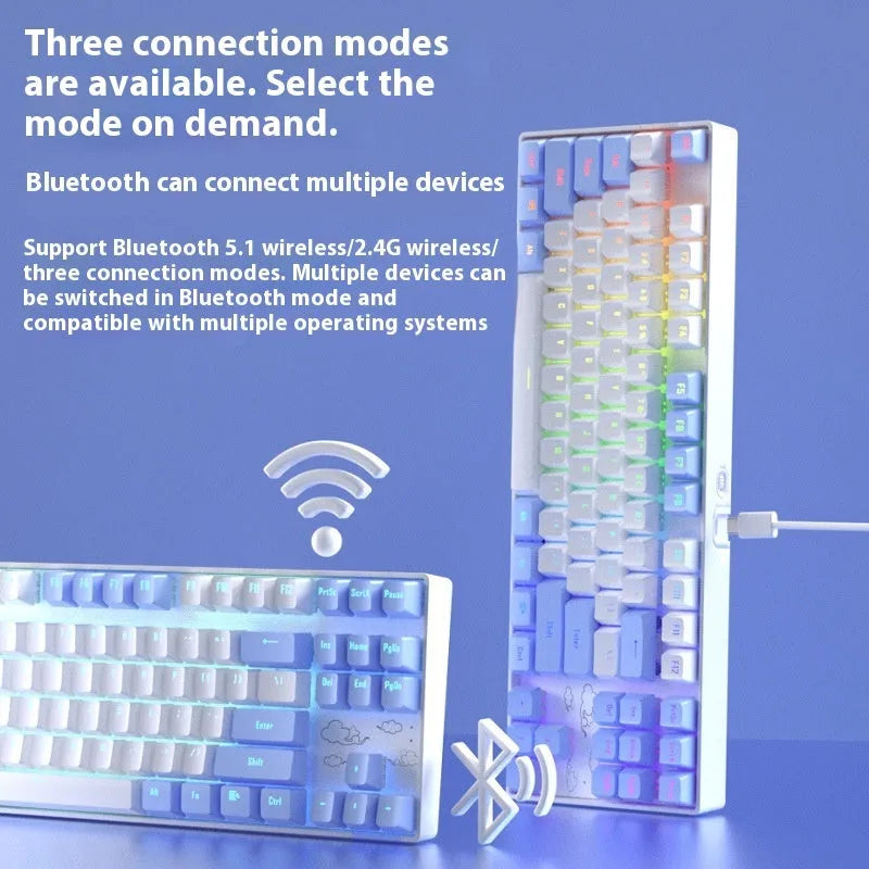 Wireless Bluetooth mechanical keyboard with a metal base in purple-white or blue-white colour options.