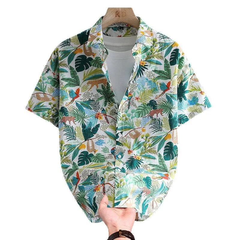 Men's floral print cotton short sleeve Hawaiian-style summer shirt on hanger
