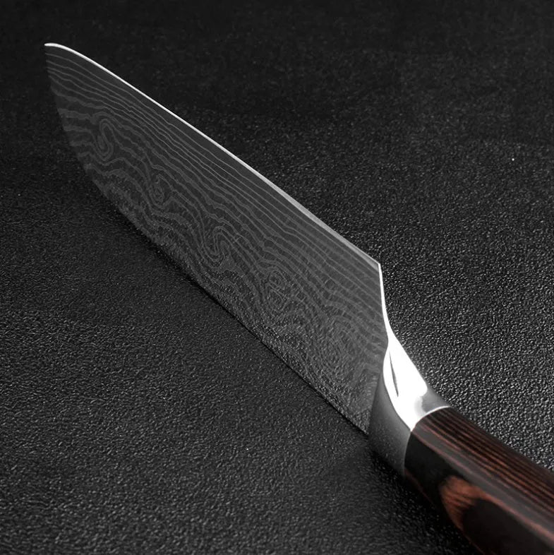Professional 7Cr17 stainless steel kitchen knife with laser Damascus pattern and coloured wood handle