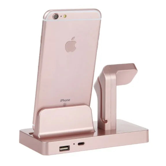 White Apple Watch and iPhone 2-in-1 charging dock station on a wooden desk.