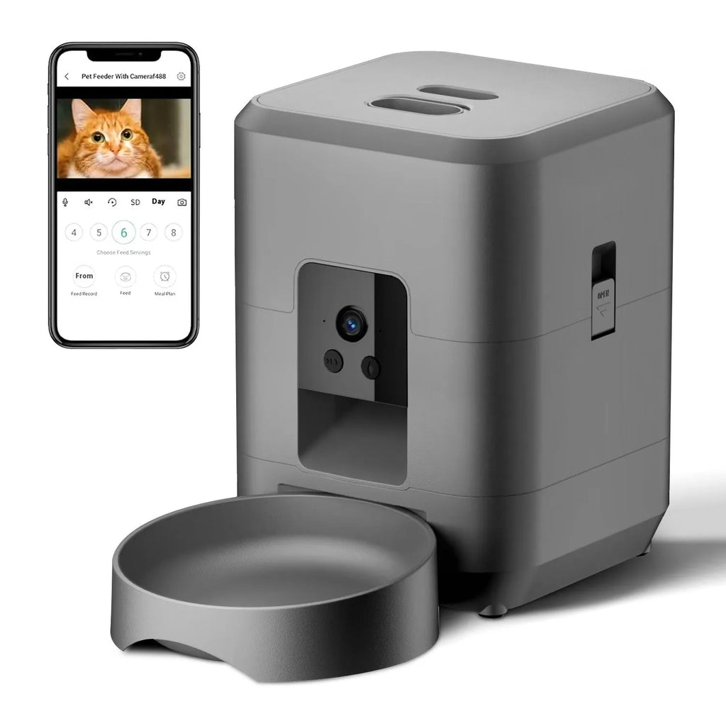 Automatic pet feeder with WiFi connectivity and video monitoring for cats with UK power adapter