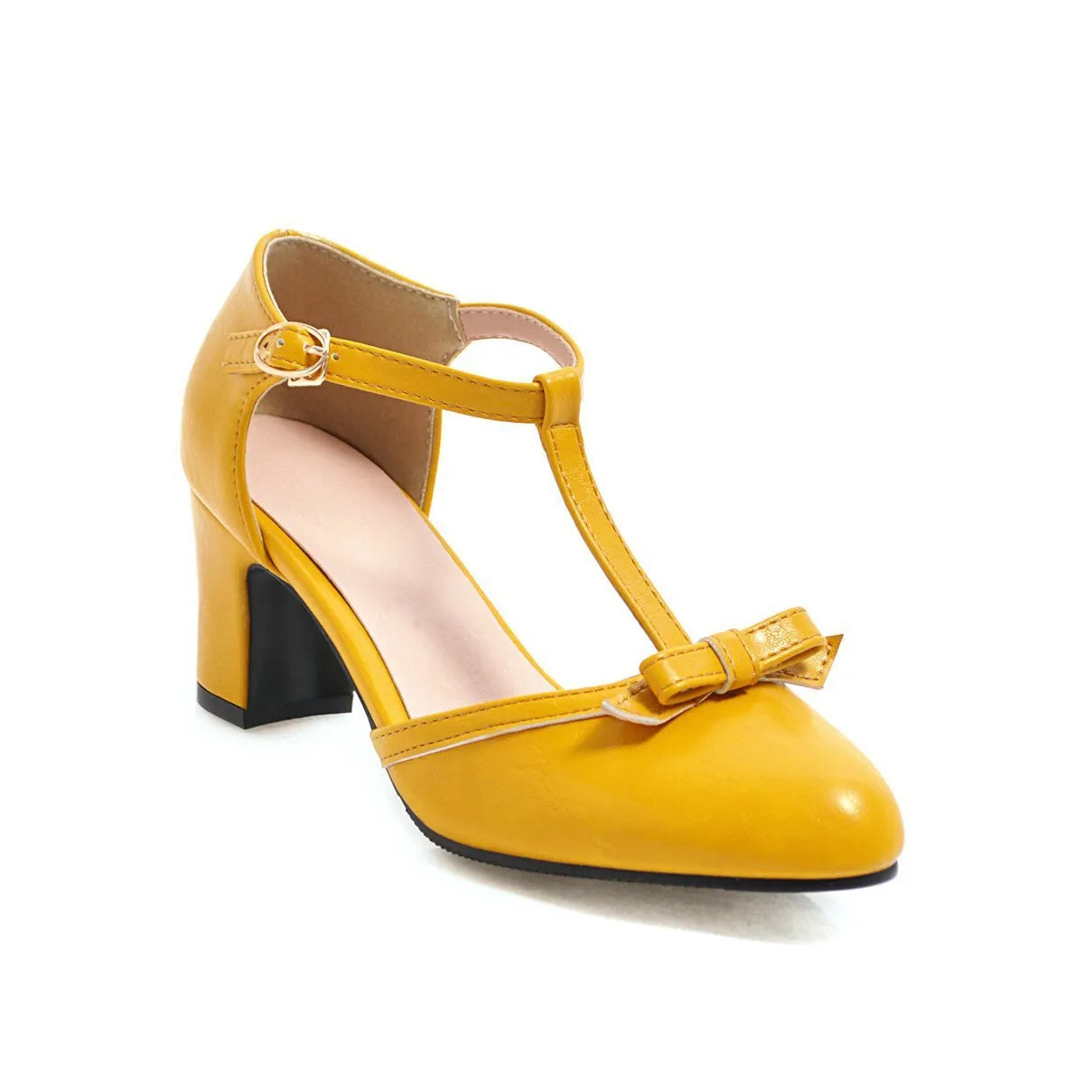Women's apricot coloured chunky heel sandals with a buckle strap and bow detail on the round toe.