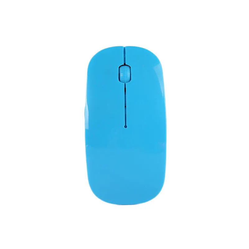 Ultra-thin wireless computer mouse shown in one of six available colours: black, blue, green, pink, red, or white.
