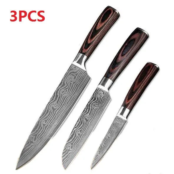 Professional 7Cr17 stainless steel kitchen knife with laser Damascus pattern and coloured wood handle
