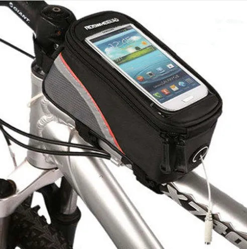 ROSWHEEL black bicycle frame phone bag mounted on bike with iPhone inside showing waterproof PVC construction