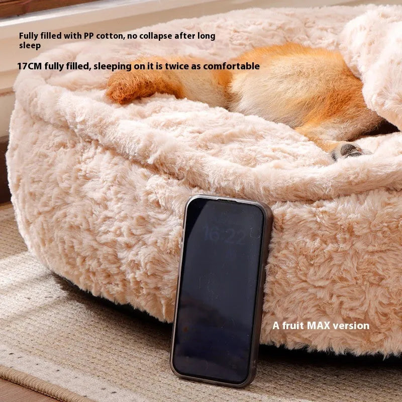 Round nest pet bed with removable cloth cover in milk tea colour