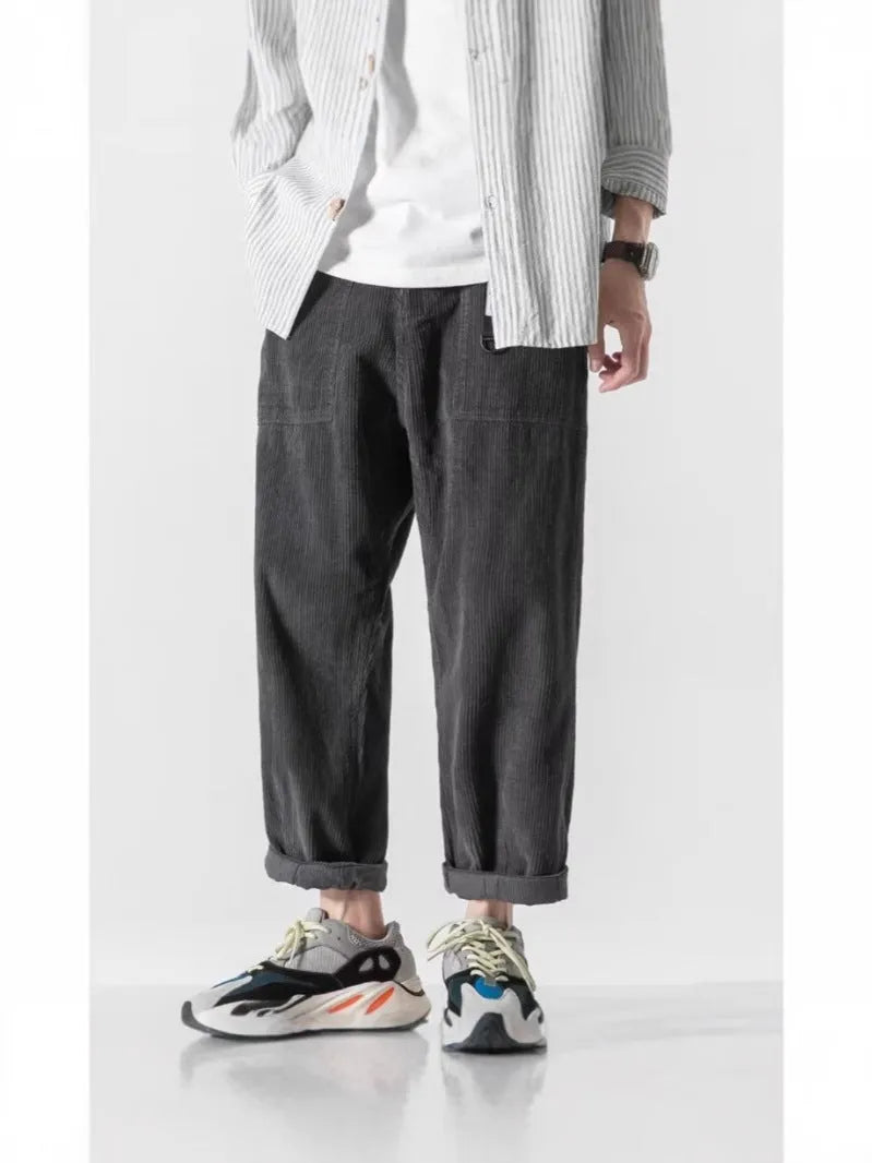 Loose straight-leg pants in chemical fibre blend fabric in dark grey colour