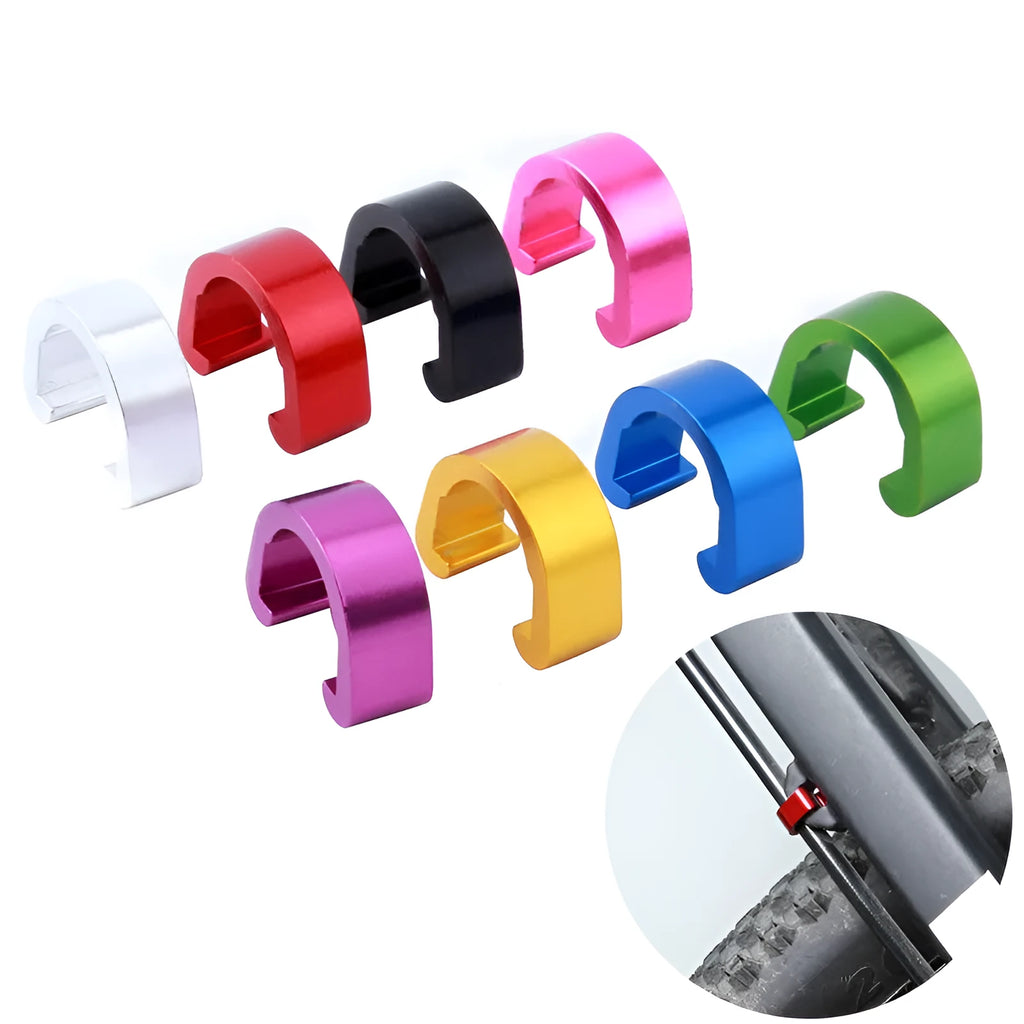 Aluminium alloy C-shaped buckle in multiple colours, shown with a keyring for scale.