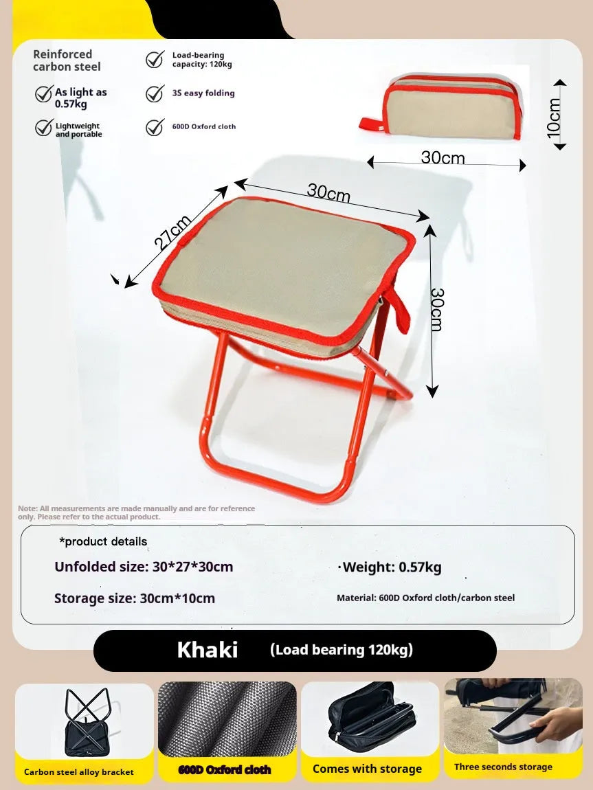 A foldable outdoor camping stool in Oxford cloth, shown in a khaki colour, folded compactly.