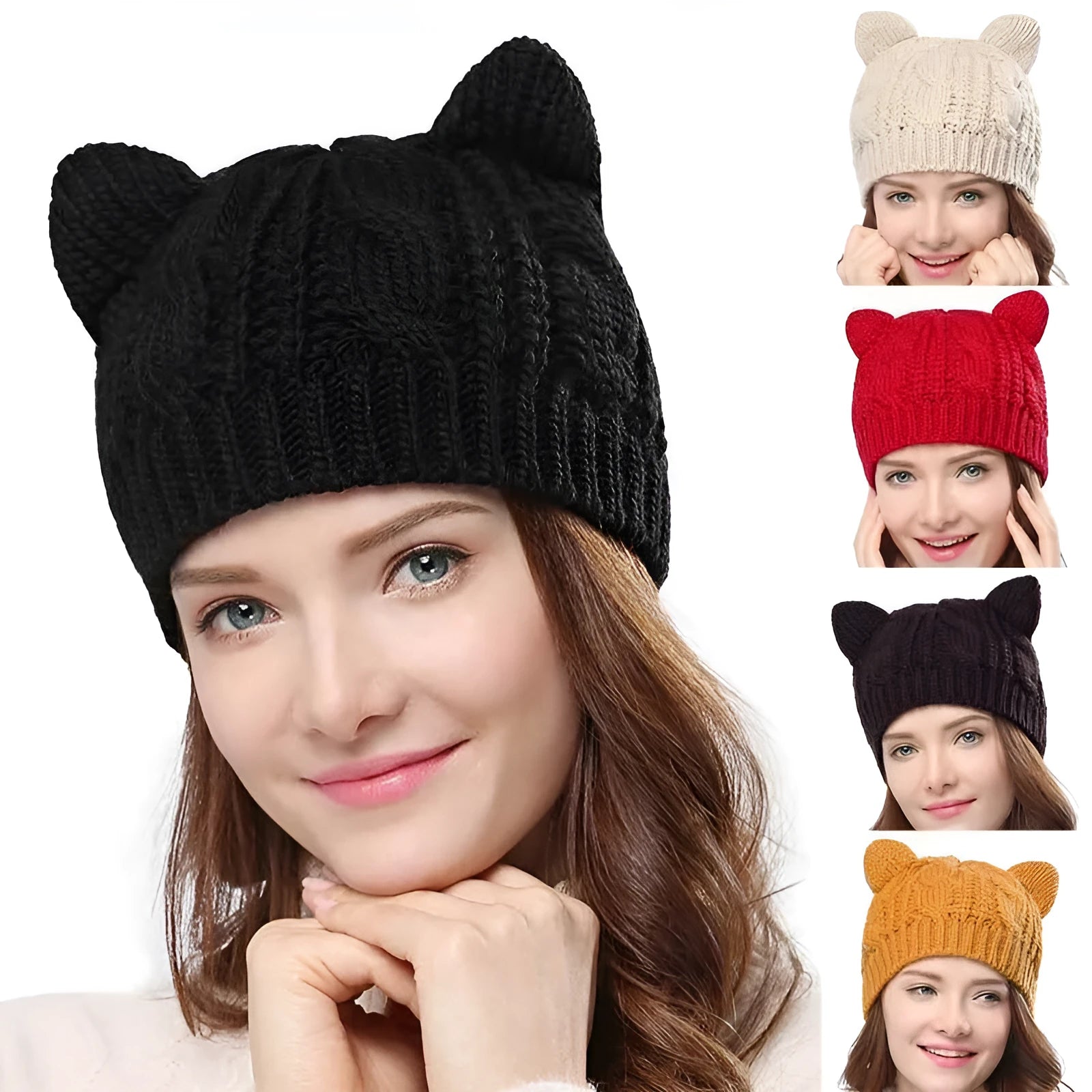 Handmade knitted winter beanie with 3D cat ears in wool material