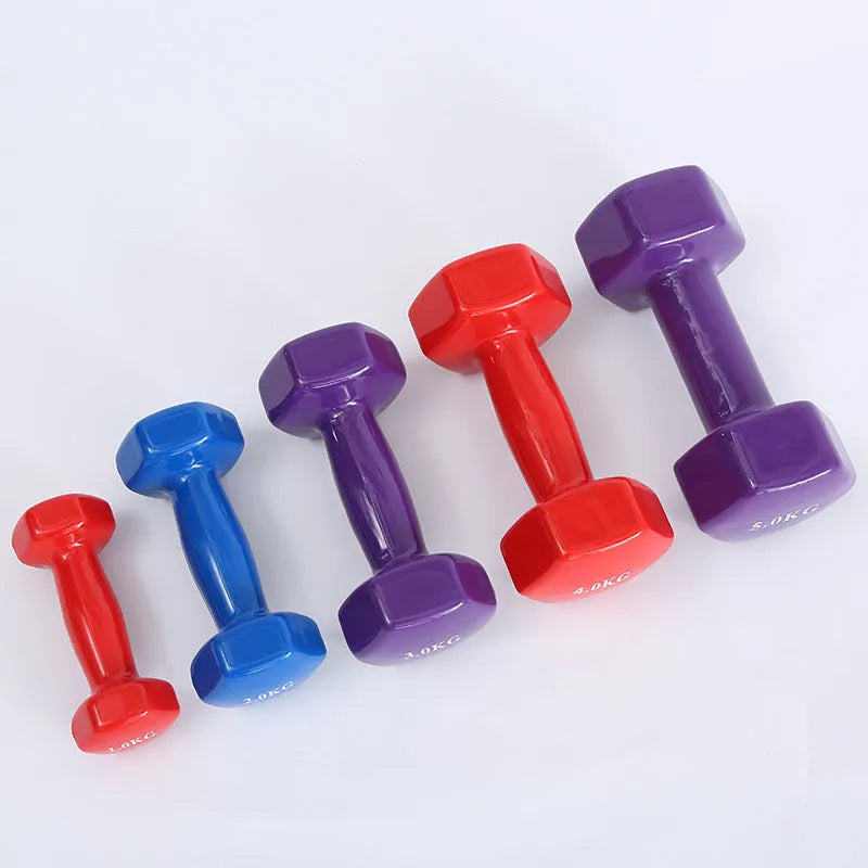 Bright plastic dumbbells with glossy surface in multiple weight options from 0.5kg to 5kg