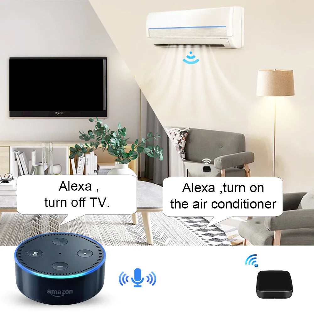 Black universal infrared remote control with voice command, WiFi connectivity, and temperature humidity sensors.