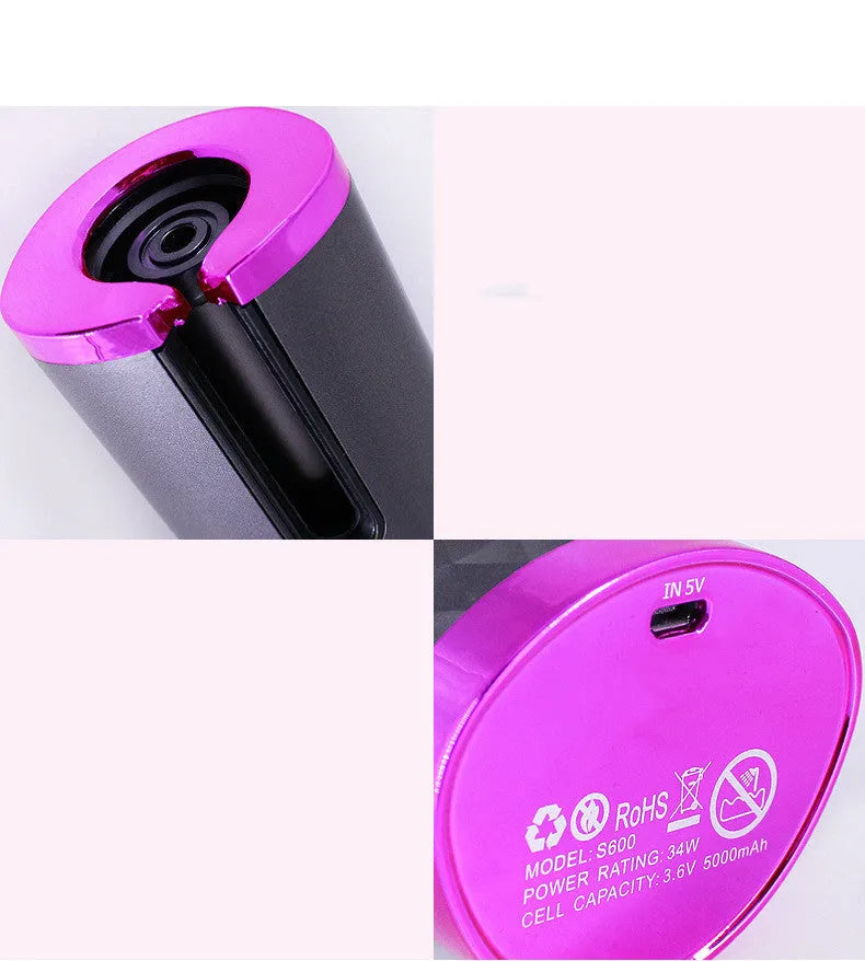 Rechargeable automatic rotating hair curler with LCD display in pink, grey, white, or black.