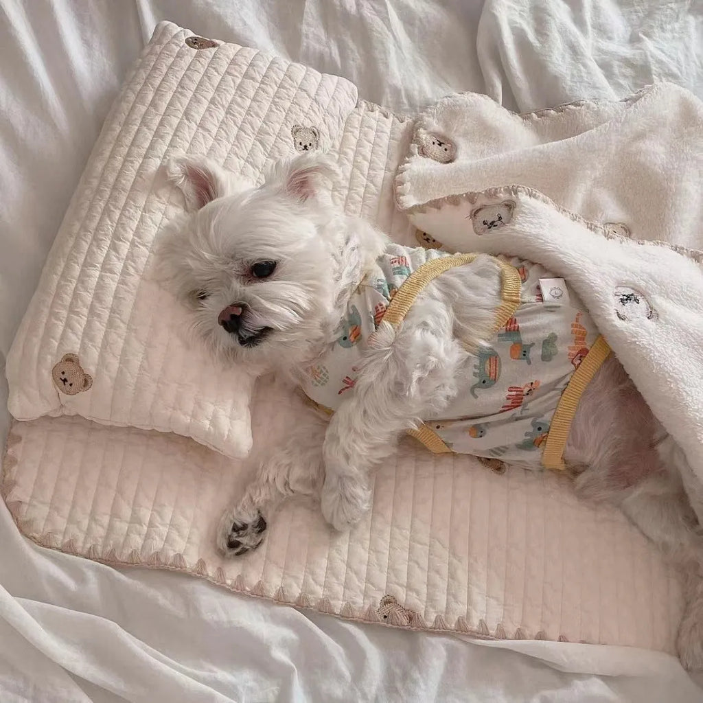 Bear design dog bed set showing pillow, mattress and quilt in soft polyester fabric