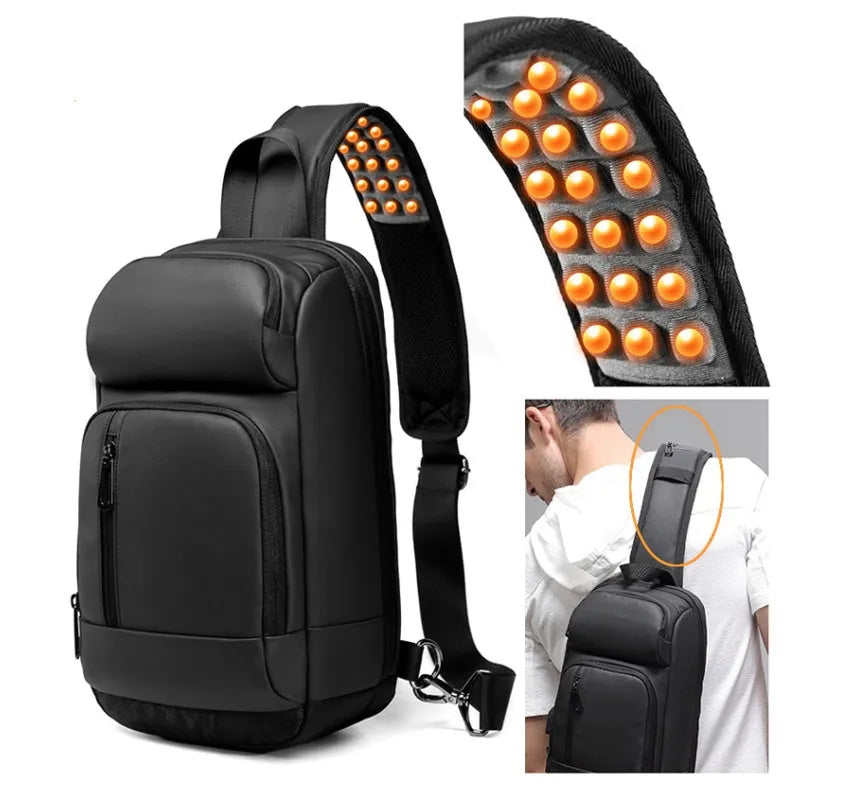 Black medium outdoor shoulder bag with square shape and air cushion strap