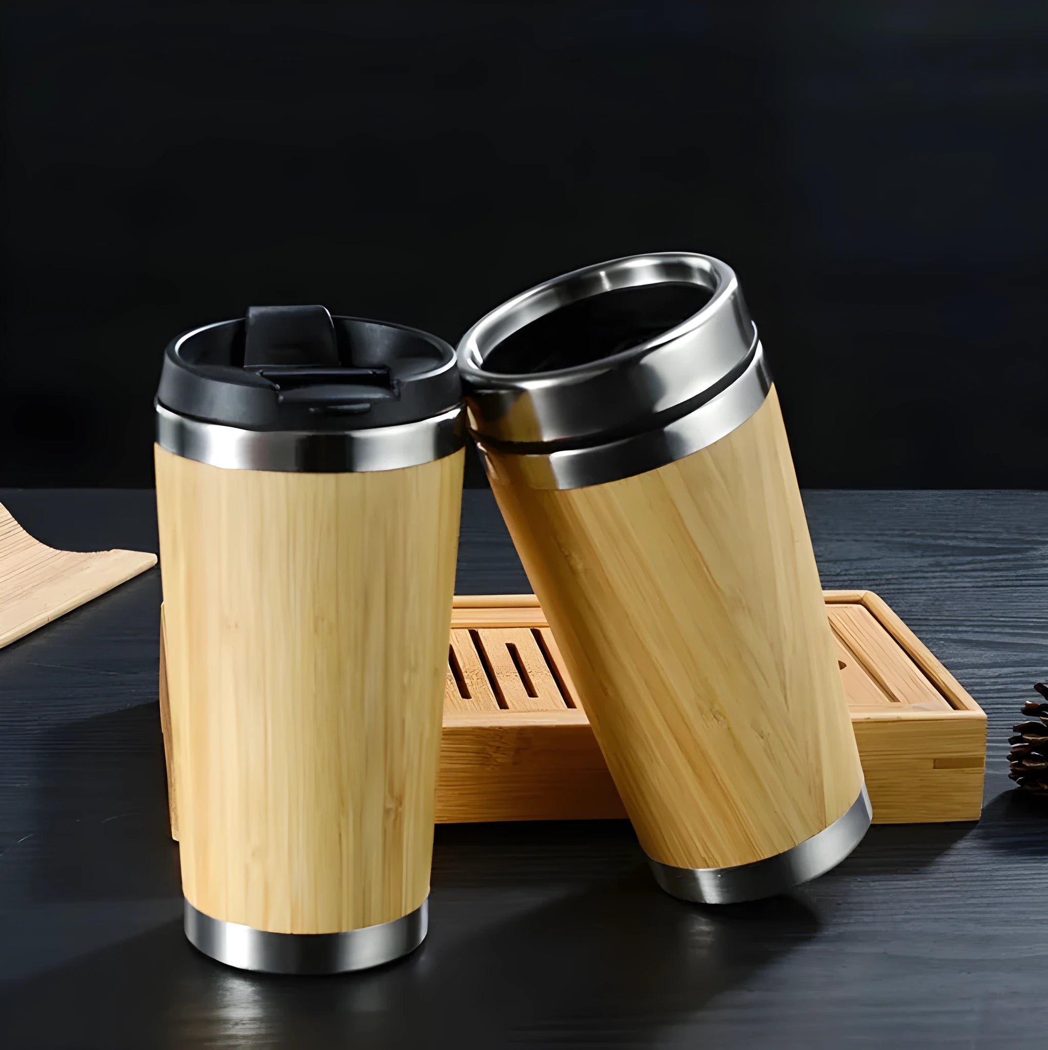 Bamboo travel coffee cup with thermal insulation, leak-proof lid, and 420ml capacity on foam pad