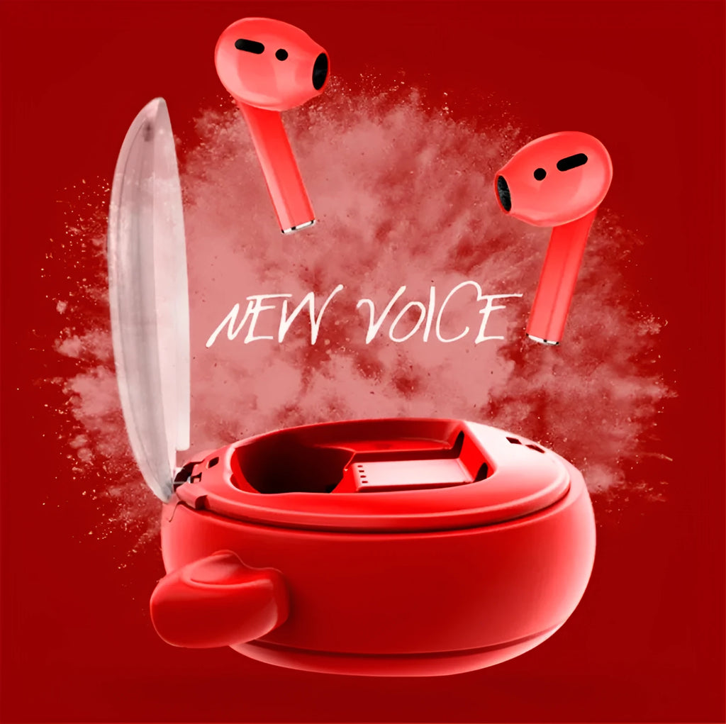 Macaron Red coloured TWS true wireless Bluetooth headset with in-ear design on white background