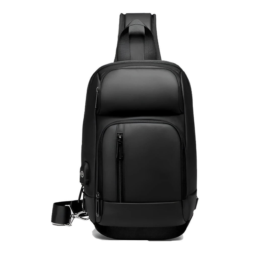 Black medium outdoor shoulder bag with square shape and air cushion strap