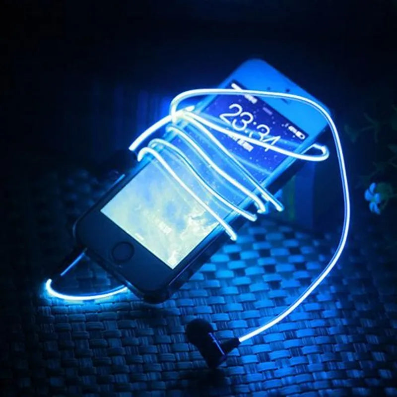 Blue LED light-up earphones with aluminium alloy shells and a 3.5mm plug, showing illuminated EL lines.