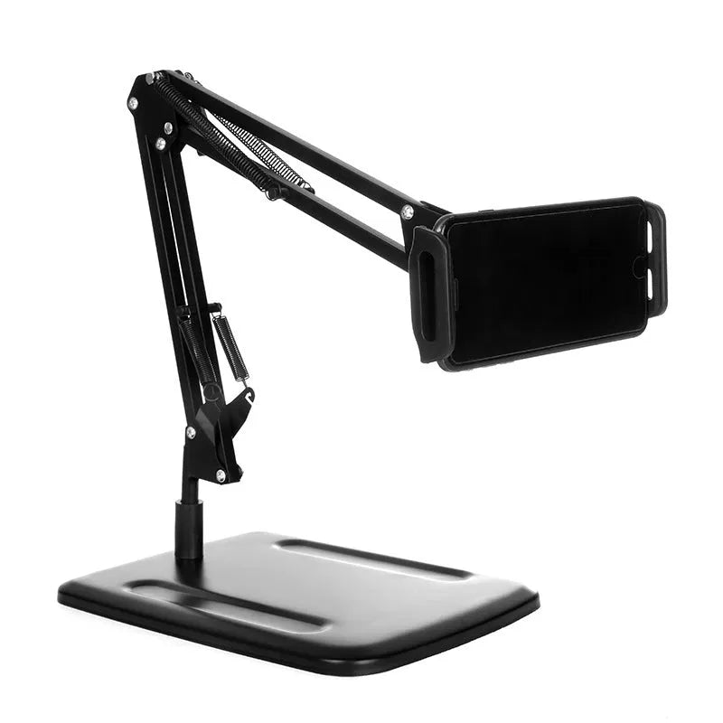 Universal mobile phone stand with adjustable metal arm and circular plastic base