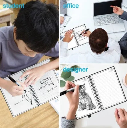 Rewritable paper notebook with black PP cover, spiral binding, and erasable pen on a desk
