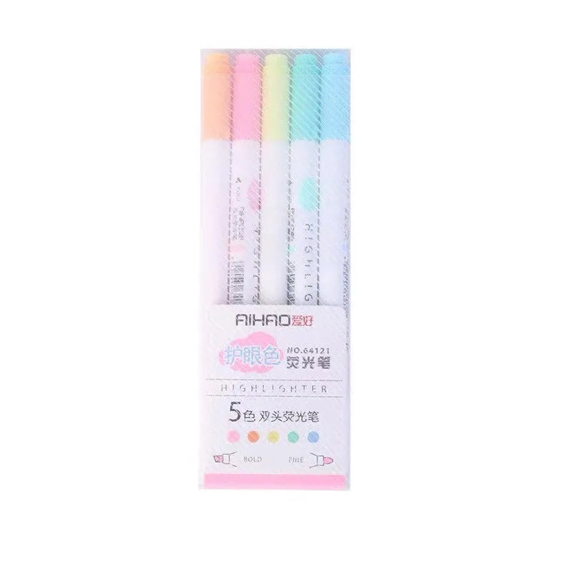 Set of five double-head highlighter gel pens with plug-in caps in assorted colours for study and office use