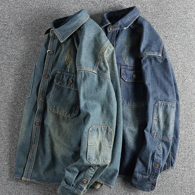 Men's light blue vintage washed denim shirt with long sleeves and loose cardigan fit