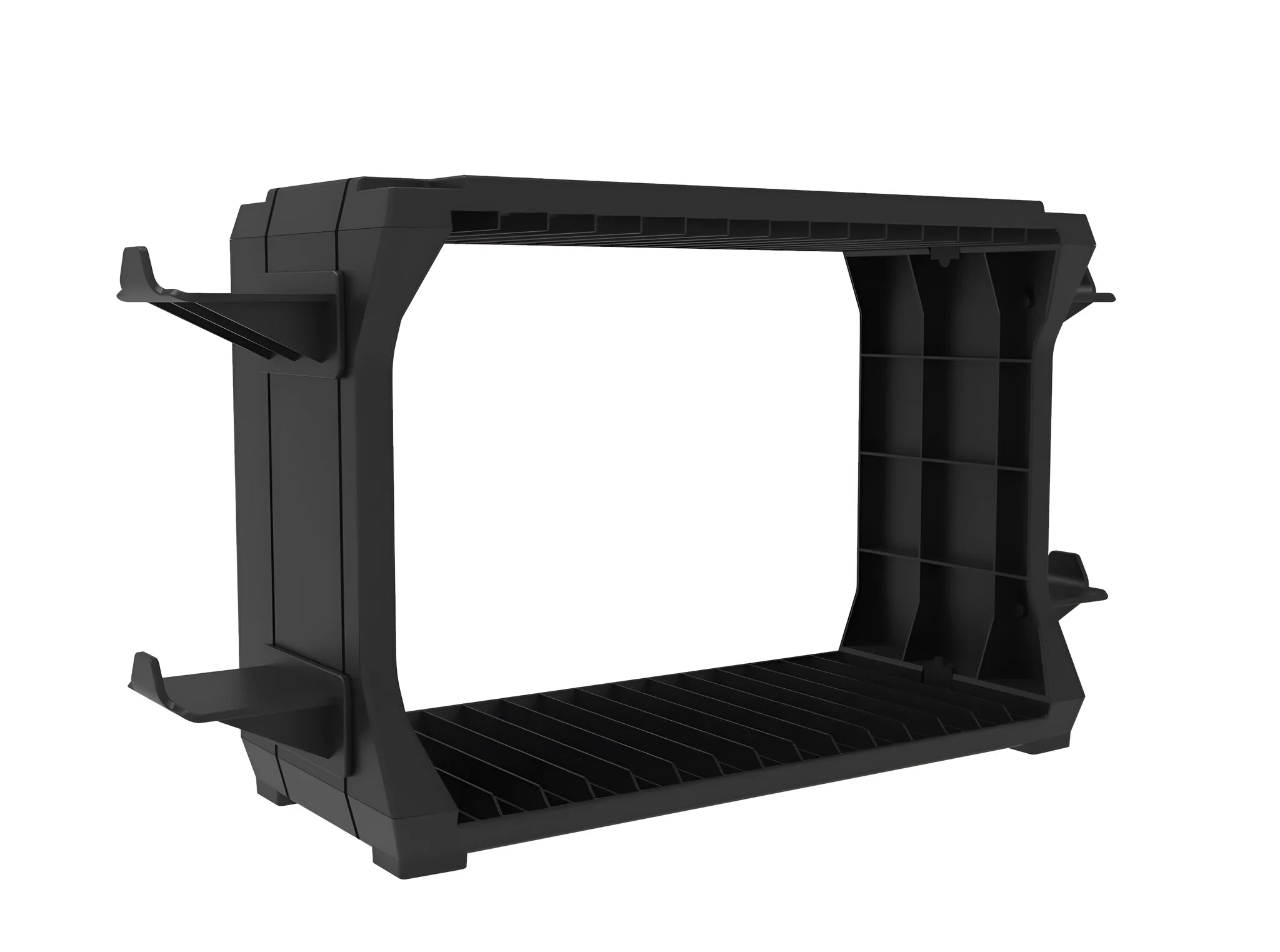 Black ABS plastic PS5 and Xbox Series X disc holder stand with slots for game cartridges and docks for four controllers.