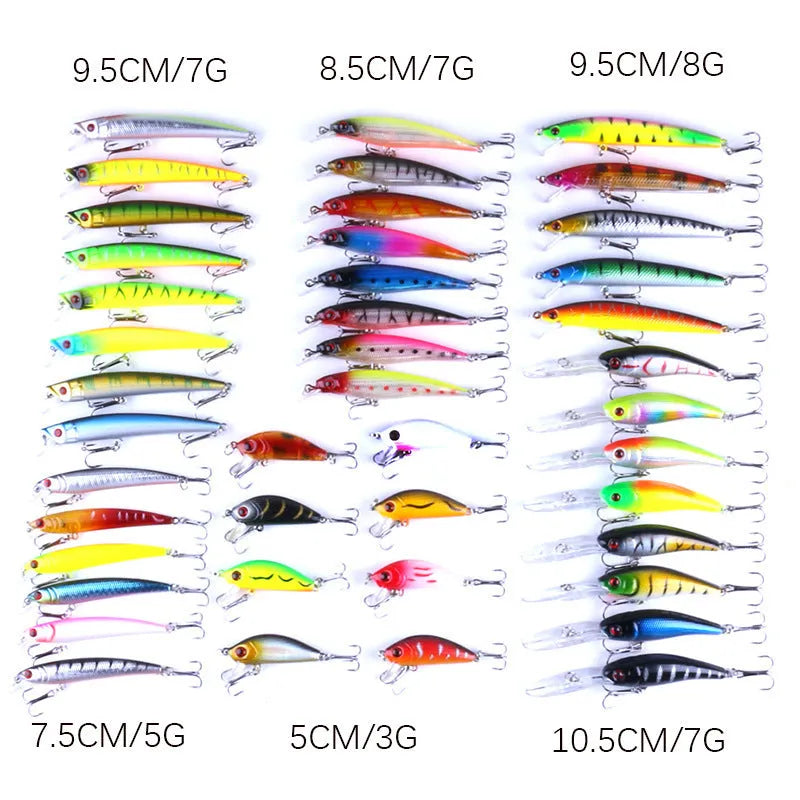 43-piece portable plastic fishing bait set with green and red head lures in bagged packaging