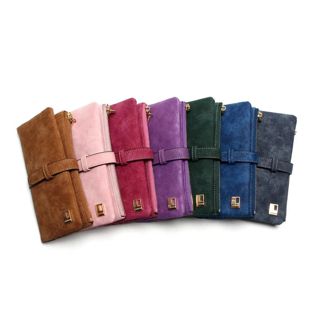 Women's retro matte long wallet open showing card slots and zip coin compartment.