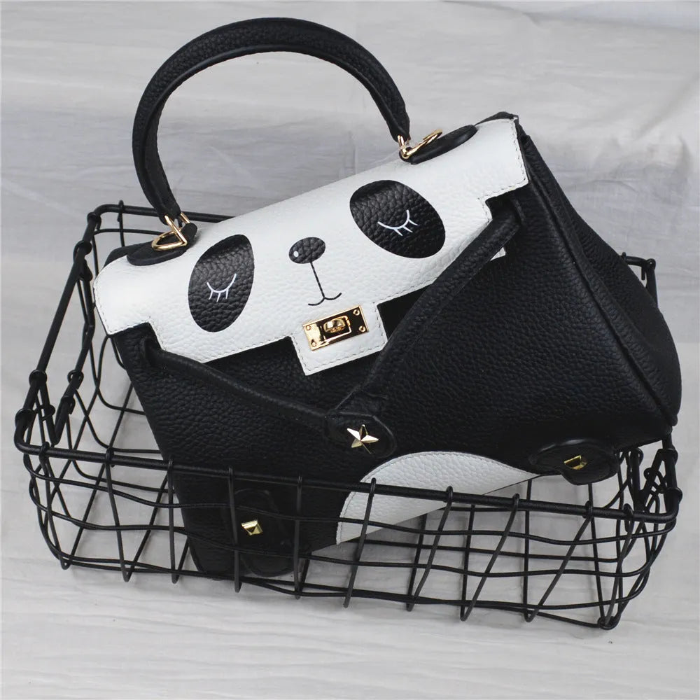 Panda print cow leather handbag in a horizontal square shape, shown in two size options.