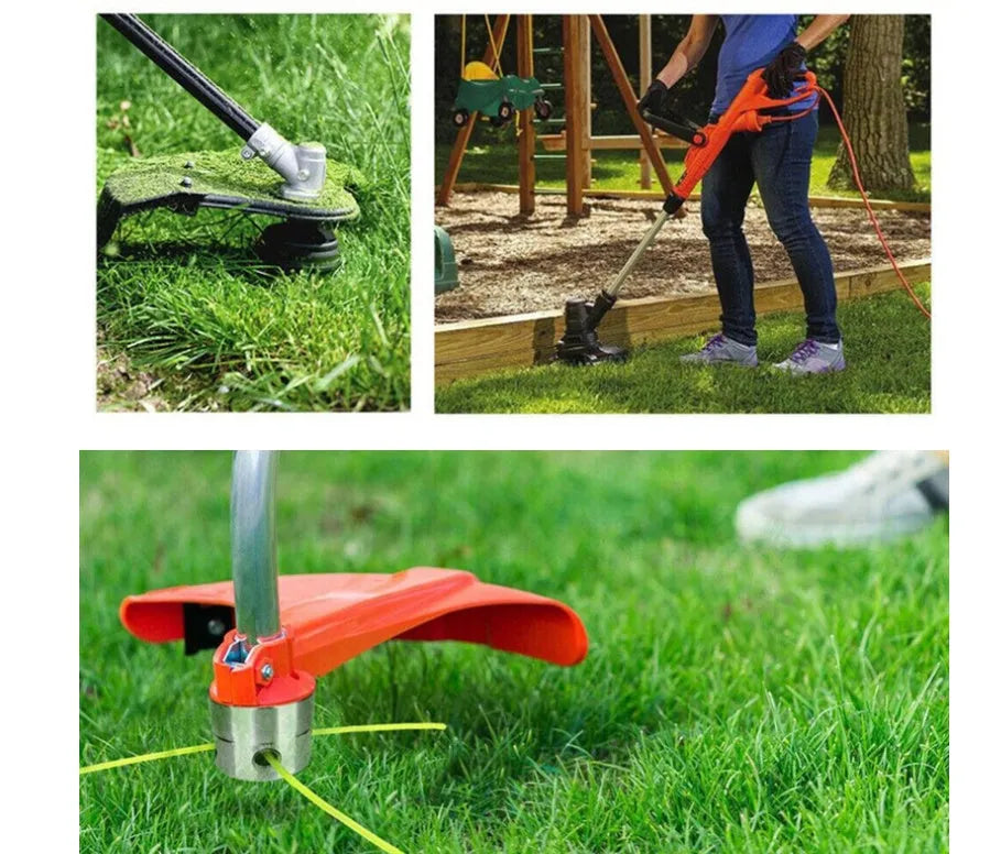 Silver aluminium lawn mower trimmer head with four light yellow square grass cutting lines