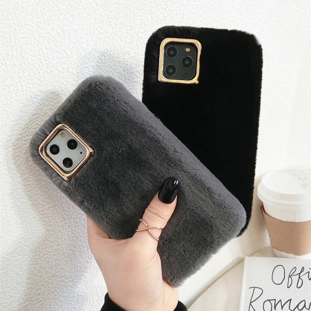 Rabbit plush phone case for iPhone with soft silicone shell and raised camera circle
