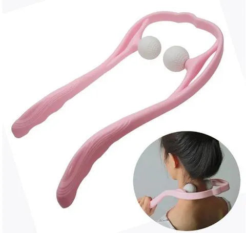 Handheld manual neck massage roller with adjustable stand and removable soft head in blue, green, or pink.