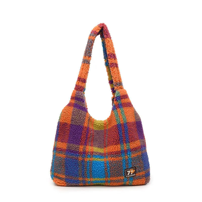 Women's plaid crossbody tote bag in Army Green with horizontal square shape and soft plush material
